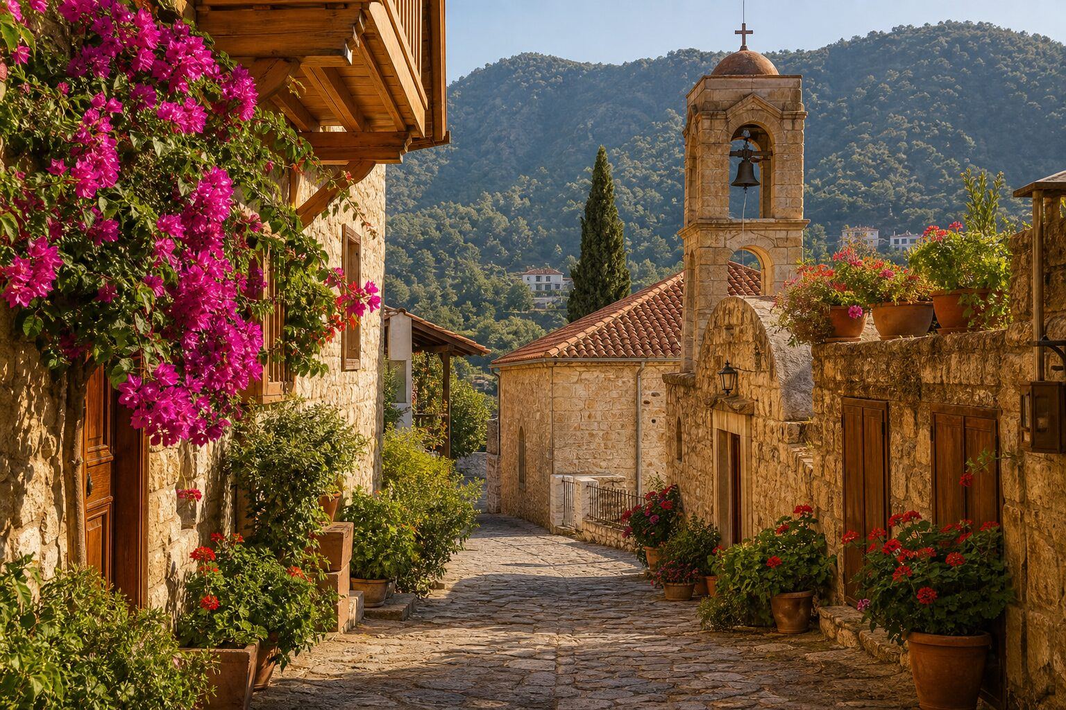 Ein süßes zypriotisches Steindorf mit Bougainvillea