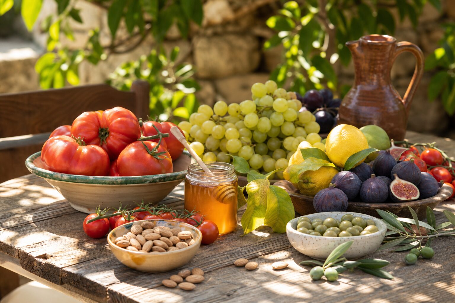 Fresh home-grown Cypriot fruit, olives and honey