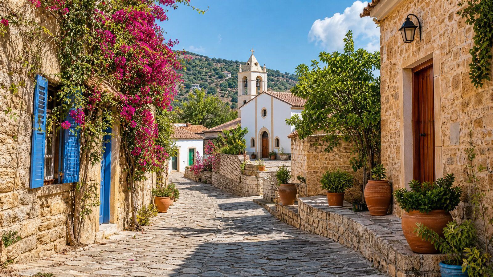 A traditional Cypriot stone village lane with bougainvillea and a chapel