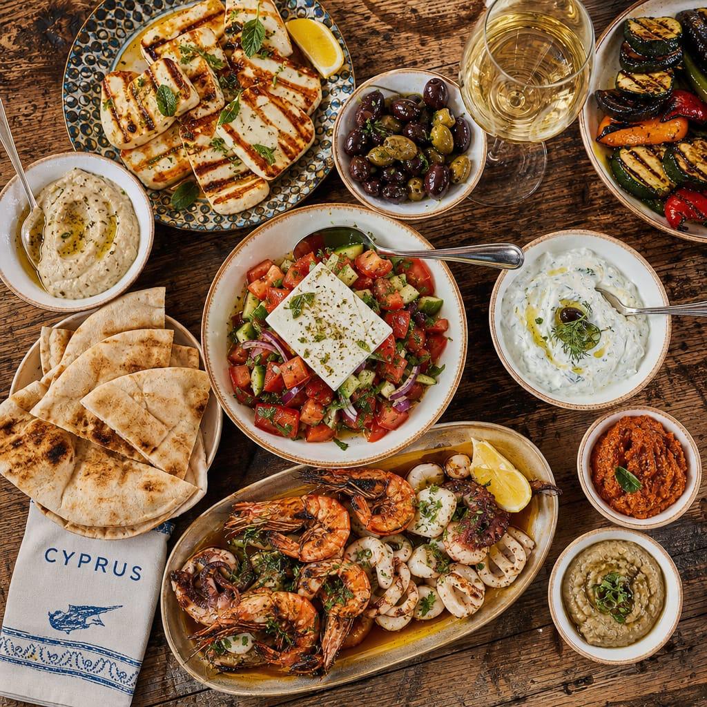 A Cypriot mezze feast laid out on a rustic table